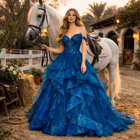 layered off shoulder dress Off-shoulder Prom – Rhinestone Ruffle Ball Gown With Brush Train layered formal dress