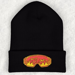 Vibrant Ski Goggle Beanie with Mountain & Pine Trees – Embroidered Snowboarding and Ski Hat, Gift for Skier or Snowboarder, Winter Sport Hat
