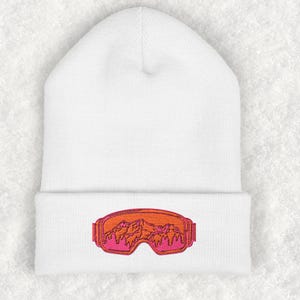 Neon Ski Goggle Beanie with Mountains & Pine Trees – Embroidered Winter Hat for Skiers and Snowboarders, Gift for Mountain Sport Lover