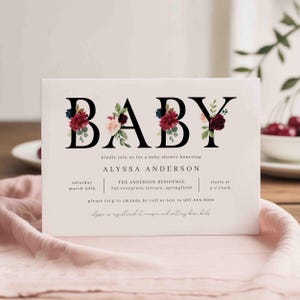 Floral Baby Shower Invitation, Burgundy Pink Floral Girl Baby Shower Invite, Editable Digital Invitation, Instant Download, Templett, 017