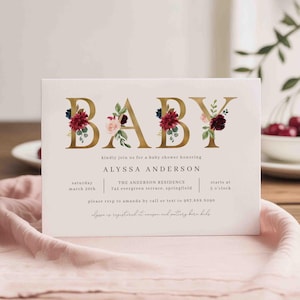 Floral Baby Shower Invitation, Burgundy Pink Floral Girl Baby Shower Invite, Editable Digital Invitation, Instant Download, Templett, 017B