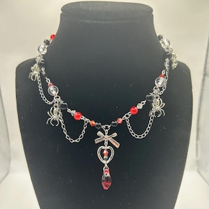 gothic spider necklace | red black beaded choker with teardrop, alt jewelry, vampirecore, goth punk aesthetic, Halloween Accessories bulky