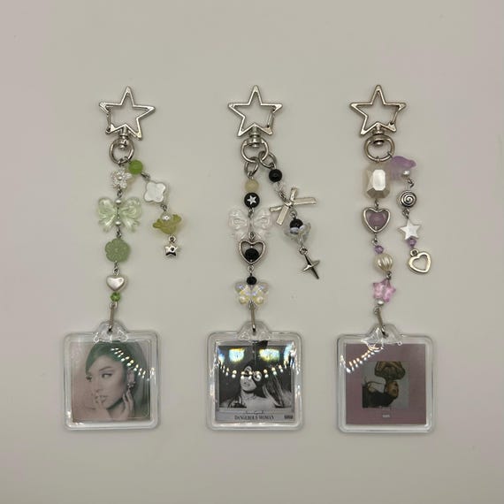 Ariana Grande Inspired Album Keychain / GOLD and SILVER WIRE / double sided / Beaded Y2K Bag Charm, Dangerous Women