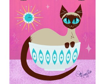 Atomic Eyes Square Poster, MCM Cat, Retro Wall Art, Trendy Wall Art, Midcentury Modern Decor, MCM, Siamese Cat, Blue Eyes