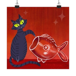 May include: A whimsical art print featuring a stylized black cat with green eyes and a red fish. The cat is reaching towards the fish, set against a red background with star accents. The artwork has a playful, cartoonish style.