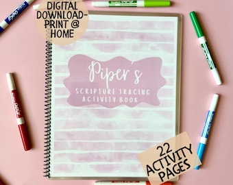 Printable Personalized Scripture Tracing Activity Book Pink Custom Kids Trace Book Preschool Learning Children's Laminated Busy Book Gift