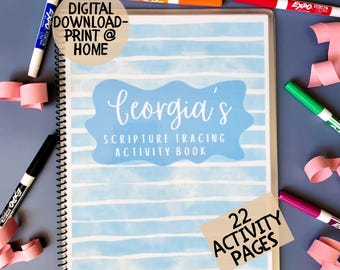 Printable Personalized Scripture Tracing Activity Book Blue Custom Kids Trace Book Preschool Learning Children's Laminated Busy Book Gift