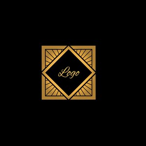 Puede incluir: Un diseño de logotipo dorado y negro. El logotipo presenta un marco cuadrado con una forma de diamante en el centro. La forma de diamante contiene la palabra "Logo" en cursiva. El fondo es negro.