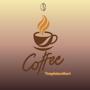 Puede incluir: Un logotipo de taza de café marrón con vapor ascendente, un grano de café y la palabra "Coffee" en una fuente estilizada. El texto "Templatewithart" está debajo. El fondo es un degradado de marrón y beige.
