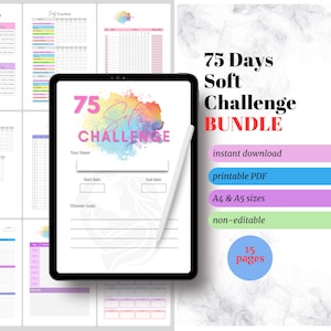 Op de afbeelding: Digitale 75 Dagen Soft Challenge Bundle. De afbeelding toont een tablet met een kleurrijk ontwerp en de tekst "75 Soft Challenge". De bundel bevat een printbare PDF, A4 & A5 formaten en is niet bewerkbaar. De bundel heeft 15 pagina's.