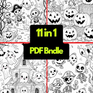 Pacchetto di pagine da colorare di Halloween / 11 fogli da colorare spaventosi e carini stampabili per bambini e adulti / Download digitale in formato PDF A4