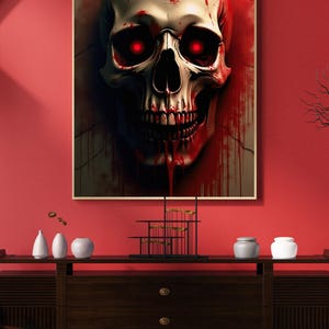 Bloody Skull Digital Art Print | Gothic Horror Wall Decor | Red-Eyed Skull Poster | Halloween Scary Room Art | Instant Download