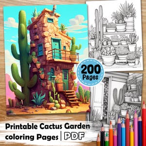 Printable Cactus Garden Coloring Pages, 200-Page Bundle. Cute & Detailed Succulent Artwork for Adults