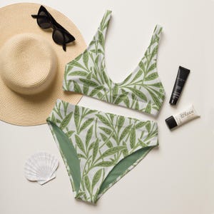 Olive Grove Recycled High-Waisted Bikini Set - William Morris Inspired Leaf Print Bikini