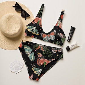 Butterfly Garden Black Recycled High-Waisted Bikini Set