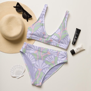 PASTEL BOTANICAL High-Waisted Bikini - Pastel Floral Print High-Waisted Bikini Set - Lilac, Sage, and Peach Floral Swimsuit