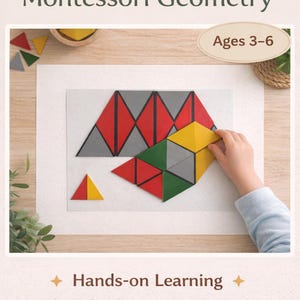 May include: Montessori Geometry educational toy set for ages 3-6. The image shows a child's hand arranging colourful geometric shapes, including red, yellow, green, and grey triangles. The text reads "Hands-on Learning."