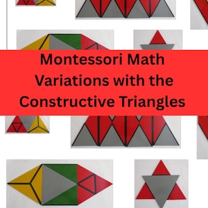 Puede incluir: Variaciones de matemáticas Montessori con triángulos constructivos. La imagen muestra varias formas y patrones geométricos creados con triángulos de colores. Los triángulos son rojos, amarillos, verdes y grises. El texto de la imagen dice "Variaciones de matemáticas Montessori con los triángulos constructivos."