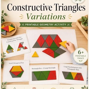 Peut inclure: Un ensemble d'activités géométriques imprimables Montessori sur les triangles constructeurs avec des formes triangulaires rouges, vertes et grises. Inclut des cartes pédagogiques, une petite boîte hexagonale et un grand parallélogramme.