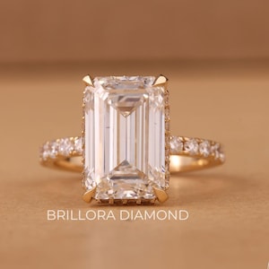 Emerald Cut Moissanite Engagement Ring, Hidden Halo Wedding Ring, Pave Diamond Ring, Promise Ring, Solitaire Ring, Wedding Gift For Her