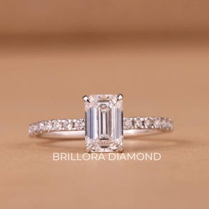 Emerald Cut Moissanite Engagement Ring, 14K White Gold Ring, Hidden Halo Wedding Ring, Pave Diamond Ring, Promise Ring, Solitaire Ring