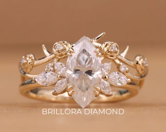 Cluster Marquise Cut Moissanite Engagement Ring Set, Flower Wedding Band, Vintage Wedding Ring Set Anniversary Ring, Bridal Ring Set