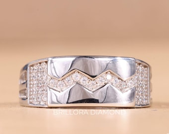 Mens Diamond Wedding Band, White Gold Diamond Ring for Men, Zig Zag Diamond Band, Modern Mens Anniversary Ring, Luxury Statement Ring