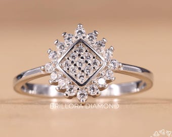 Anillo de compromiso con halo de diamantes redondos y cuadrados, anillo de compromiso con diamantes cuadrados, anillo de novia vintage de oro blanco para mujer.