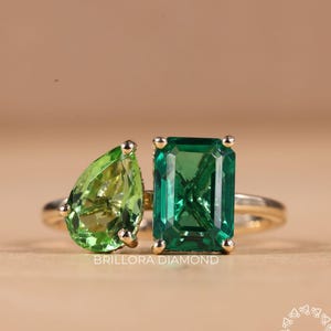 Emerald & Pear Cut Moissanite Diamond Engagement Ring, Toi et Moi Diamond Ring, Hidden Halo Ring, Solitaire Ring, Anniversary Gift For Her
