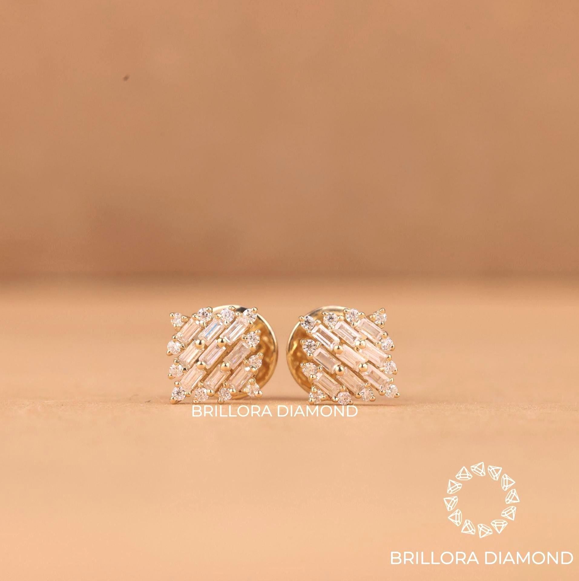 Square Shape Round & Baguette Cut Moissanite Stud Earring, Minimalist Stud Wedding Earring, Screw Back Earring, Diamond Studs Gift For Her