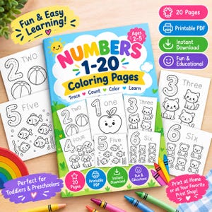 May include: A Numbers 1-20 coloring book for children featuring a light blue cover with a yellow sun, colorful text, and illustrations of numbers and animals. The book includes 20 pages of printable activities for tracing, counting, and coloring.