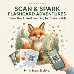 Puede incluir: Ilustración de un zorro amigable con tarjetas didácticas y un teléfono inteligente. El texto dice "SCAN & SPARK FLASHCARD ADVENTURES" y "Interactive Animal Learning for Curious Kids." La frase "Print. Scan. Explore." también es visible.