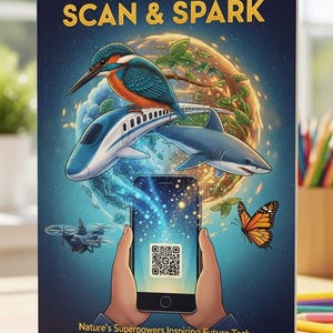 May include: A book cover with the title "SCAN & SPARK" in gold lettering. The cover features a vibrant illustration of a kingfisher, a train, and a shark above a smartphone displaying a QR code. A butterfly and a drone are also depicted.