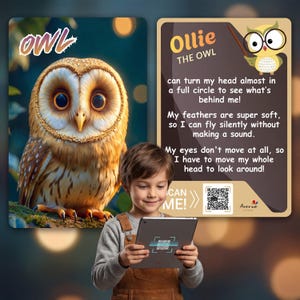 Könnte beinhalten: Ein Kind hält ein Tablet mit einem QR-Code, neben einer Illustration einer Eule. Die Eule hat große Augen und braune und weiße Federn. Der Text auf der Karte lautet "Ollie die Eule" und beschreibt die Eigenschaften der Eule.
