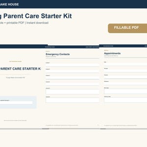 May include: An Aging Parent Care Starter Kit digital document featuring a 15-page fillable and printable PDF. The layout includes sections for Emergency Contacts and Appointments with blank fields for text entry on a cream-coloured background.