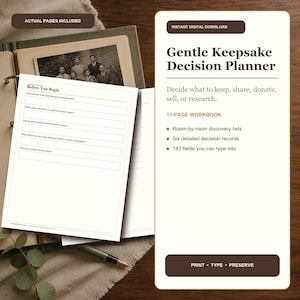 Könnte beinhalten: Ein digitaler Gentle Keepsake Decision Planner mit 11 Seiten, der Raum-für-Raum-Entdeckungslisten, sechs detaillierte Entscheidungsaufzeichnungen und 143 ausfüllbare Felder enthält. Das Dokument bietet eine Seite zur Organisation von Familienobjekten.