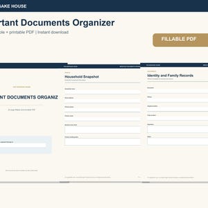 Puede incluir: Un organizador de documentos en PDF rellenable e imprimible de 22 páginas titulado Important Documents Organizer. Las páginas incluyen secciones para Household Snapshot e Identity and Family Records con campos en blanco para datos.