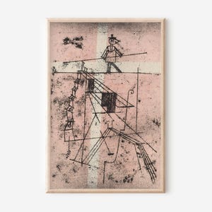 Puede incluir: Impresión artística abstracta enmarcada. La obra de arte presenta una figura sobre una cuerda floja, representada con líneas negras sobre un fondo rosa y blanco. El estilo recuerda al arte moderno de mediados de siglo, presentado en un marco de madera.
