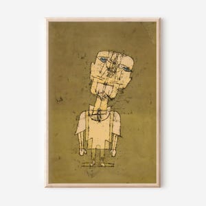May include: Abstract art print featuring a stylized figure with a tilted head, rendered in muted yellow and black on a textured olive-green background. The artwork is framed in a light wood frame, suitable for wall decor.