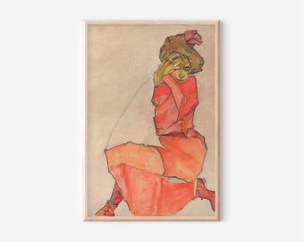 Impresión de "Mujer arrodillada" de Egon Schiele: Arte expresionista vintage (Descarga digital)