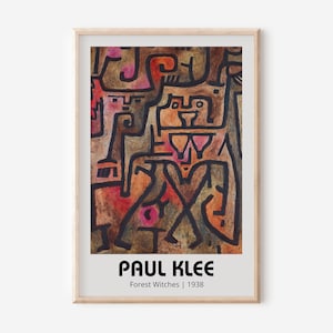 May include: Framed print of Paul Klee's "Forest Witches" from 1938. The artwork features abstract shapes in shades of brown, red, and black, with a light-colored border. The title and artist's name are printed at the bottom.