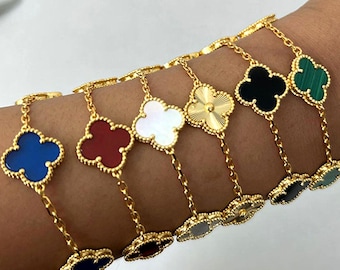 925 Silver 18K Gold Plated 15mm Natural Mother-of-pearl,Agate,Chalcedony 5 Clover Bracelet