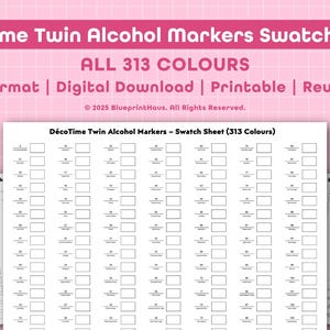 Puede incluir: Una hoja de muestra blanca para los rotuladores de alcohol DécoTime Twin, con 313 colores. La hoja de formato A4 está diseñada para descarga digital, impresión y reutilización. El texto "ALL 313 COLOURS" se muestra.