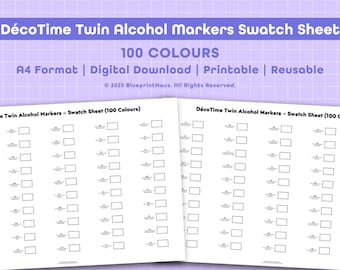 May include: A digital swatch sheet for DécoTime Twin Alcohol Markers, featuring 100 colors. The sheet is in A4 format, designed for digital download, printing, and reuse. The title is displayed in a purple banner.