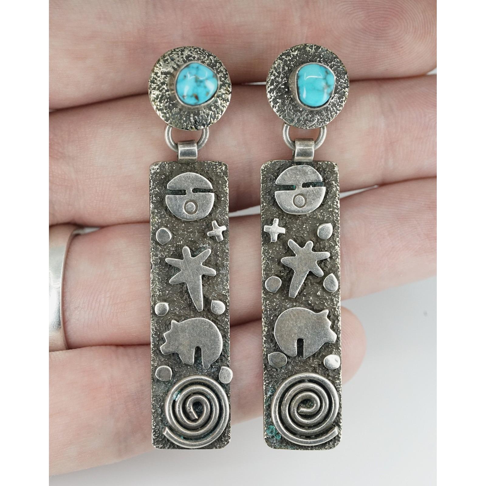 Alex Sanchez - Navajo Sterling Silver Petroglyph Turquoise Dangle