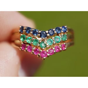 Vintage 14k Solid Yellow Gold Natural Ruby Emerald Sapphire Ring Pave Rows Stack