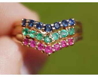 Vintage 14k Solid Yellow Gold Natural Ruby Emerald Sapphire Ring Pave Rows Stack