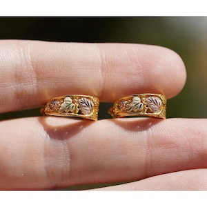 Vintage 10k Solid Black Hills Gold Hoop Dangle Earrings - Four Leaf Multi-Tone