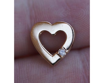 Vintage 14k Solid Yellow Gold Open Heart Natural Diamond Pendant - Necklace
