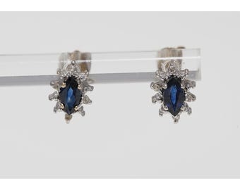 Vintage 14k Solid White Gold Natural Blue Sapphire Diamond Stud Earrings